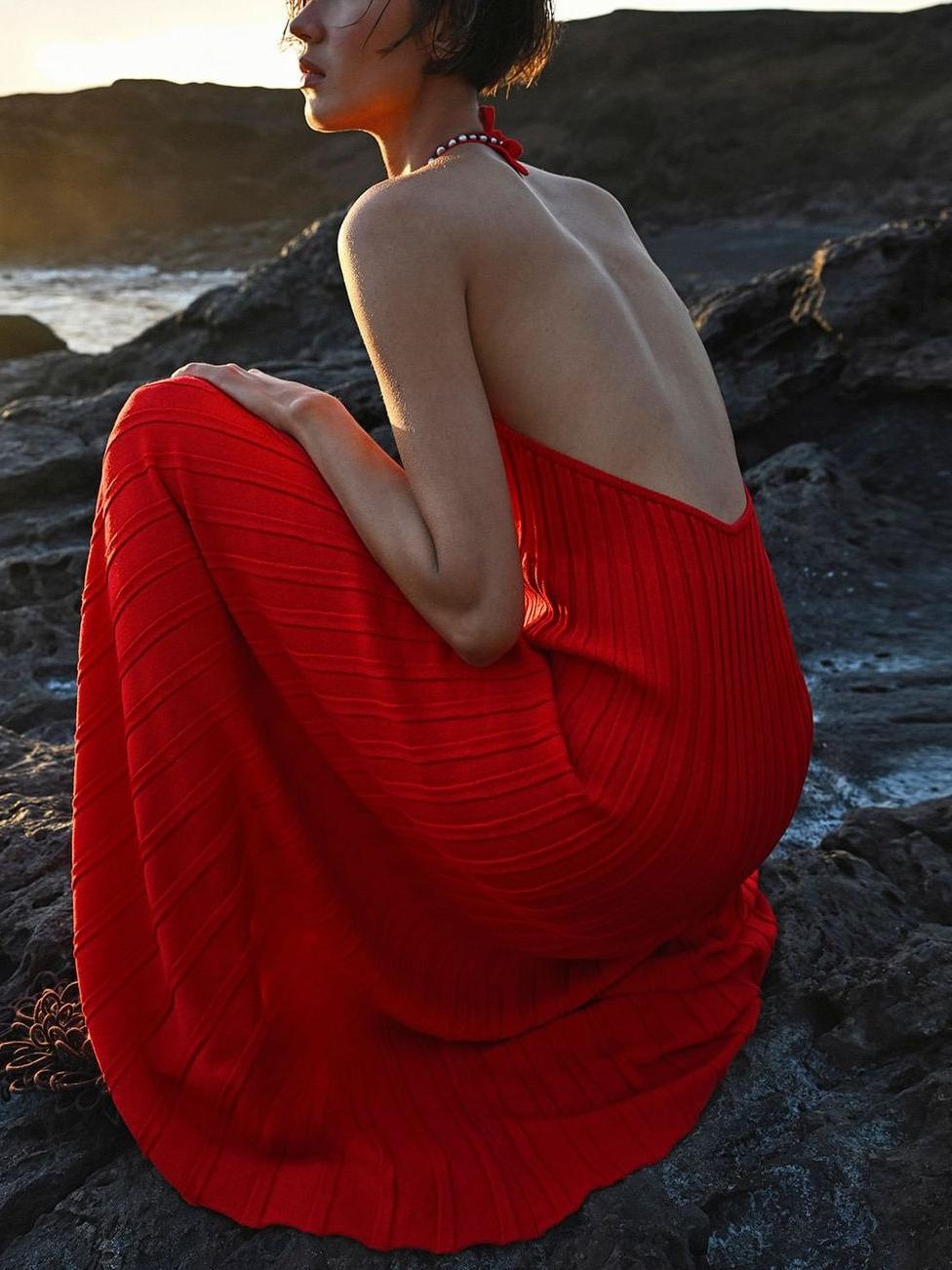 Elegant Halter Neck Red Lanzarote Maxi Dress