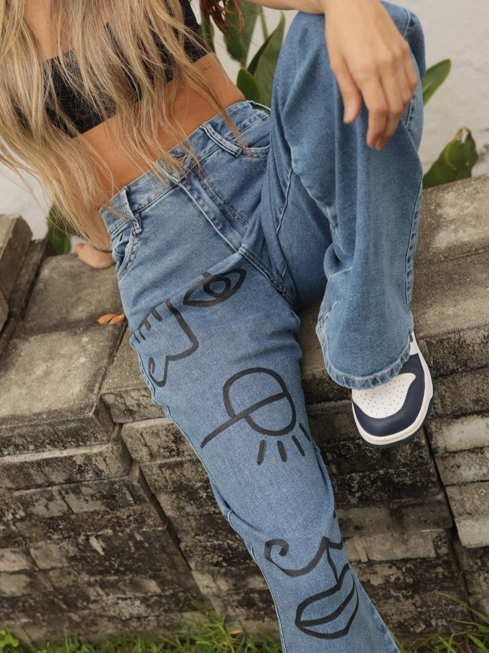 Stylish Blue Jeans With Hand-painted Faces