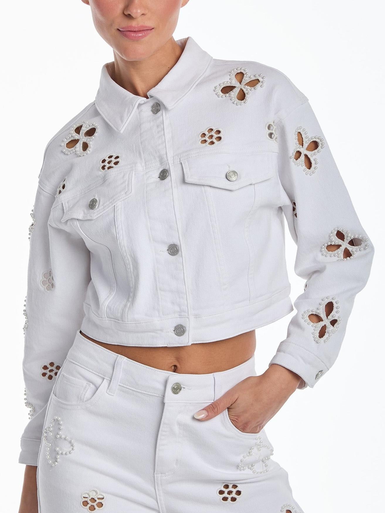 Embroidered Pearl Hollow-out Denim Cropped Outerwear