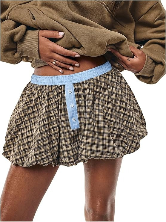 Elastic Waist Pleated Plaid Bubble Mini Skirts