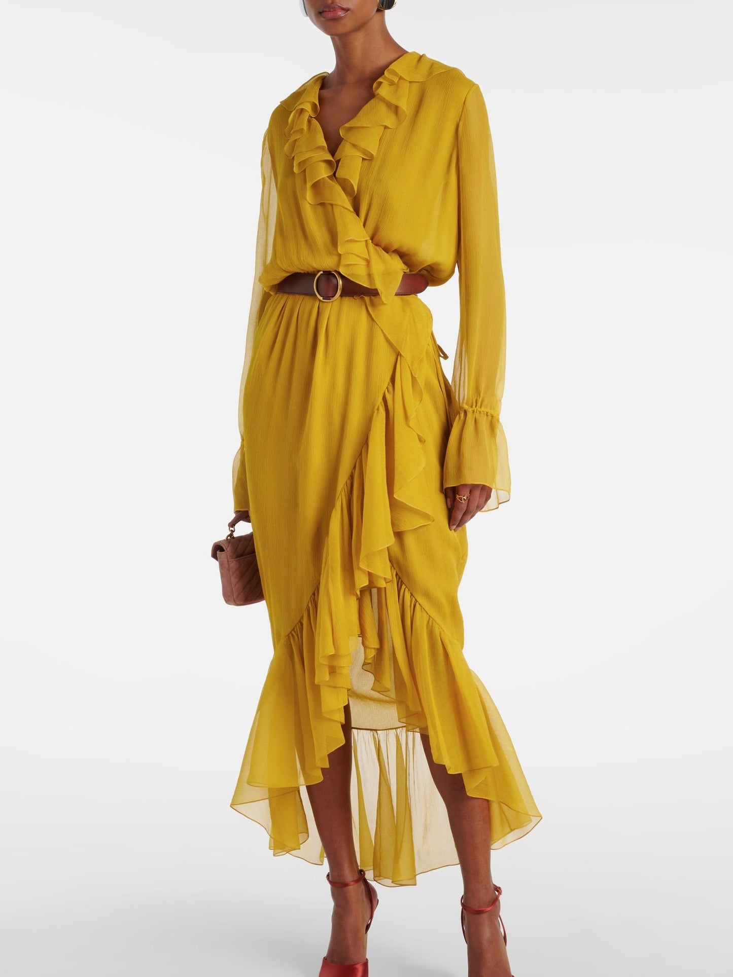 Ruffled Wrap Yellow Midi Dress