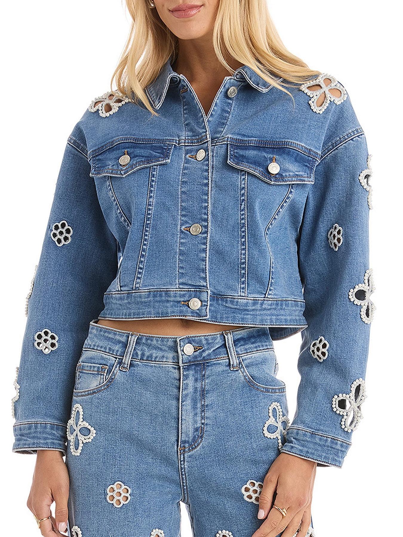 Embroidered Pearl Hollow-out Denim Cropped Outerwear