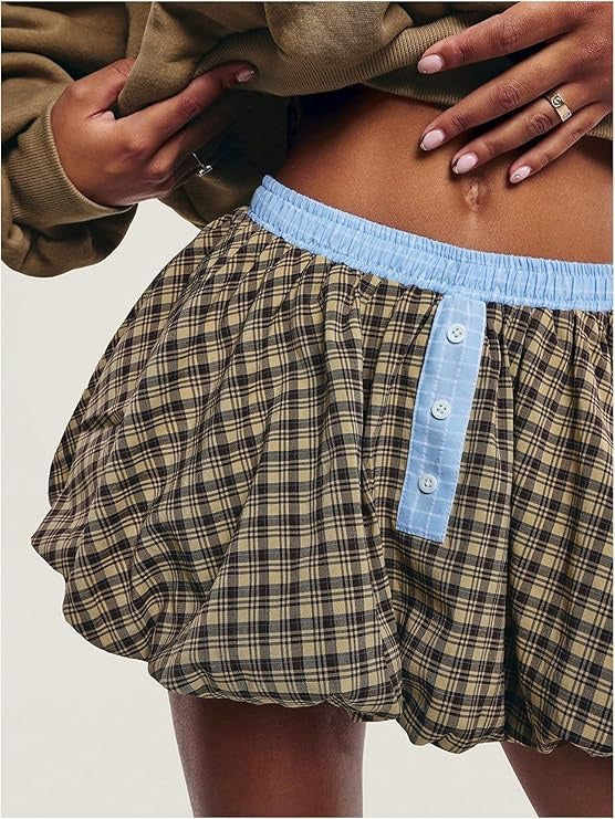 Elastic Waist Pleated Plaid Bubble Mini Skirts