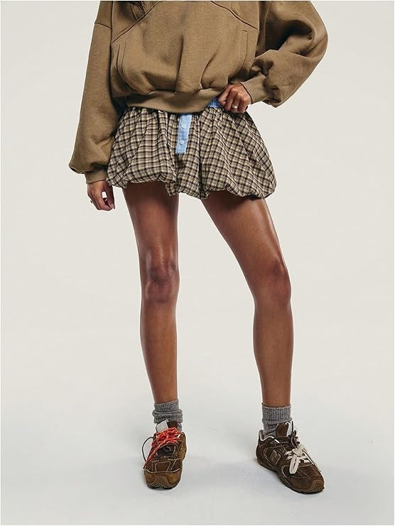 Elastic Waist Pleated Plaid Bubble Mini Skirts