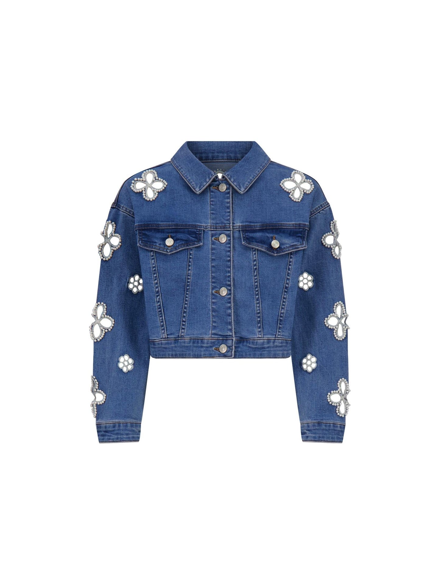 Embroidered Pearl Hollow-out Denim Cropped Outerwear