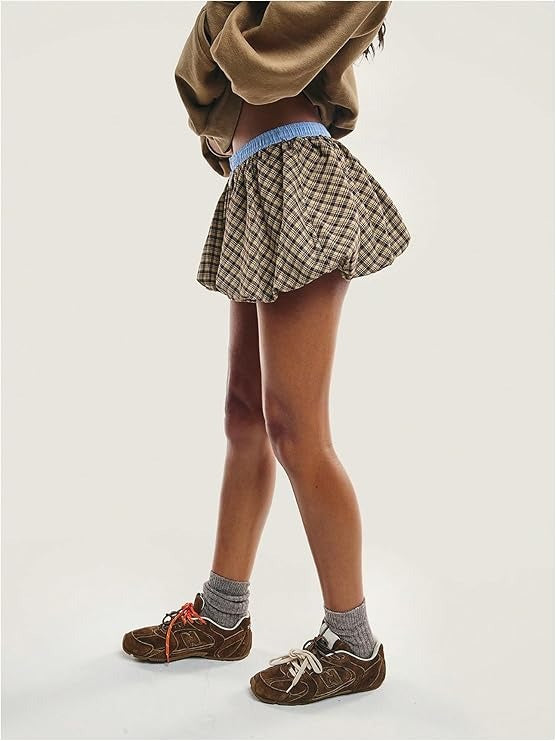 Elastic Waist Pleated Plaid Bubble Mini Skirts