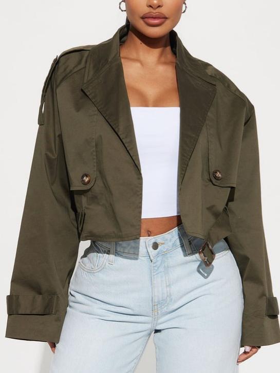 Stylish Olive - green Cropped Trench