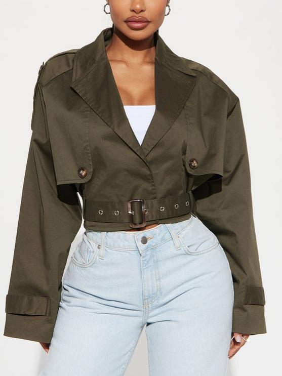 Stylish Olive - green Cropped Trench