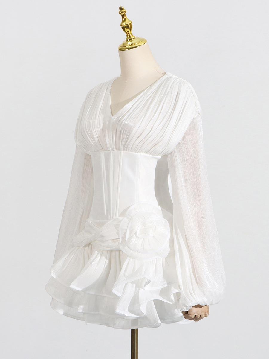 Elegant Puff Sleeves and Ruffle Details White Dress