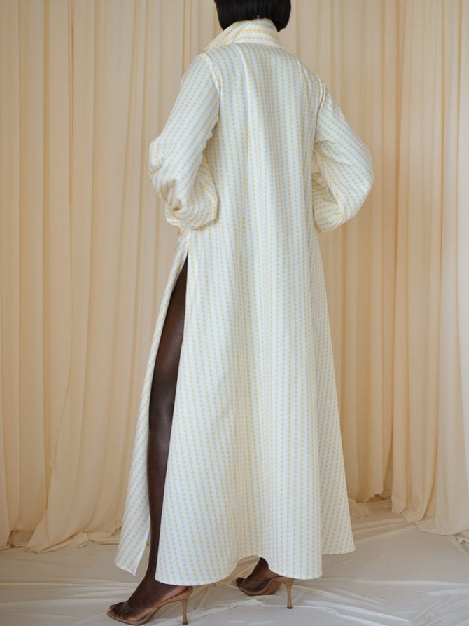 Yellow & White Diamond Stripes Maxi Flared Shirt Dress