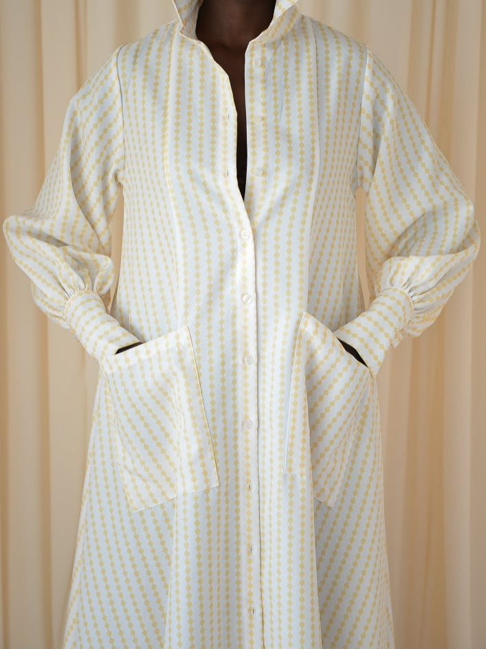Yellow & White Diamond Stripes Maxi Flared Shirt Dress