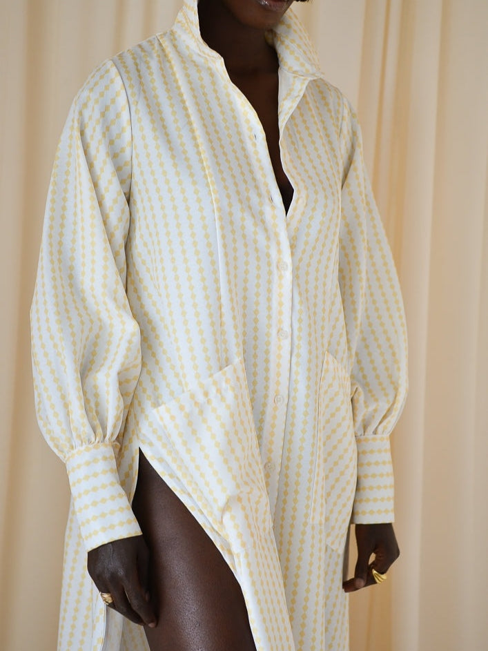 Yellow & White Diamond Stripes Maxi Flared Shirt Dress