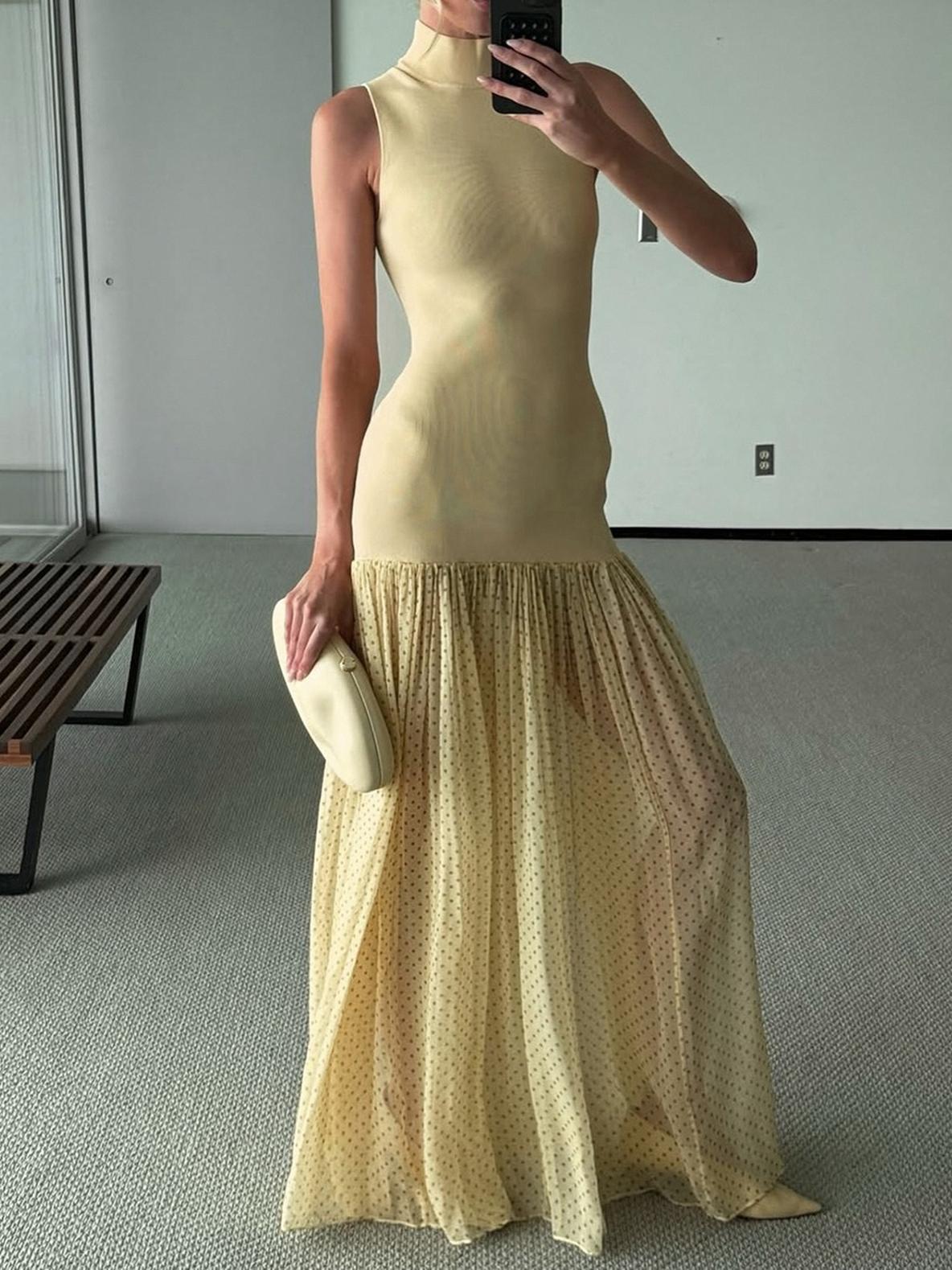 Chic High - Neck Sleeveless Dress with Polka - Dot Pleated Skirt