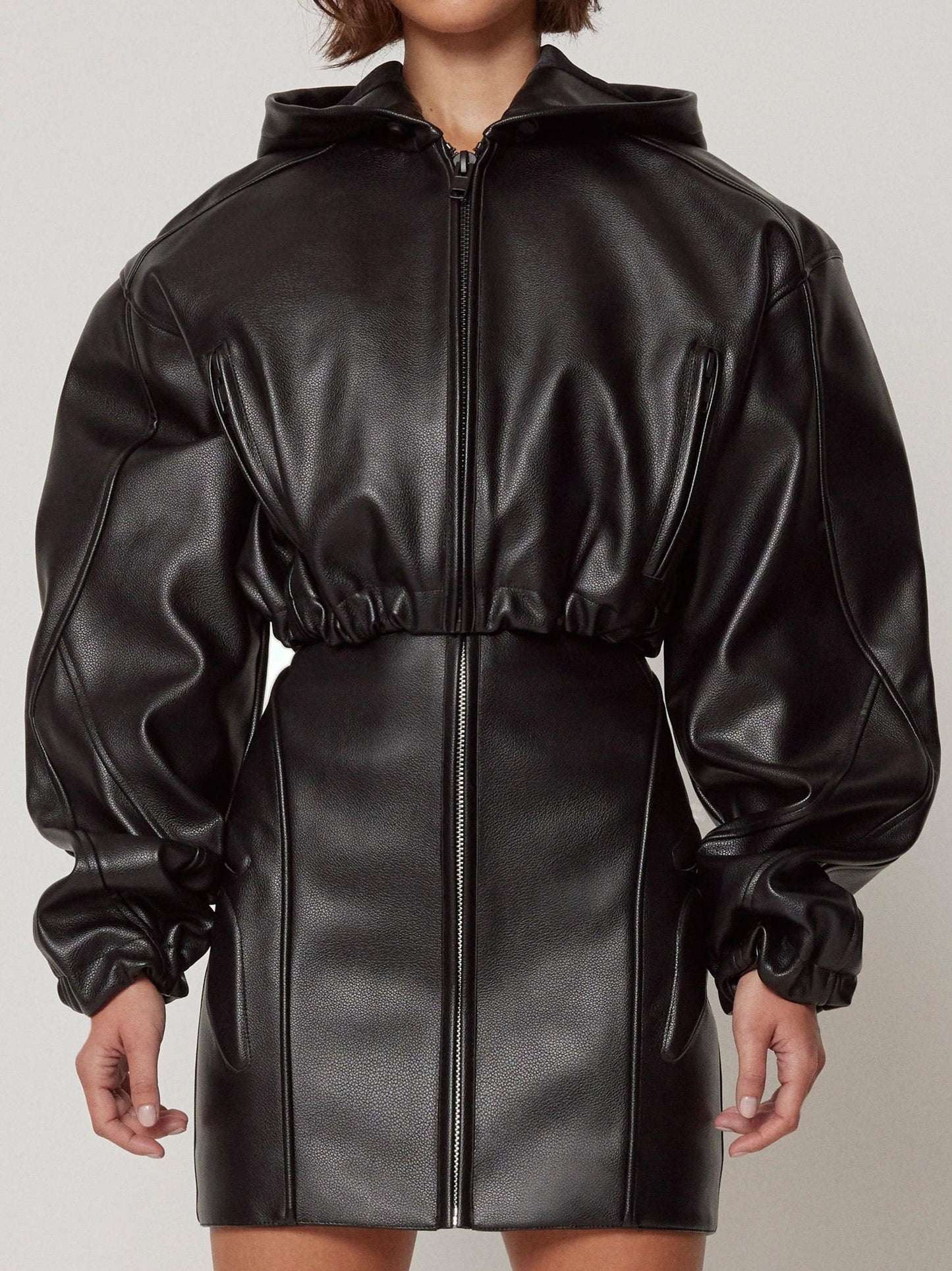 Faux Leather Cropped Hooded Jacket