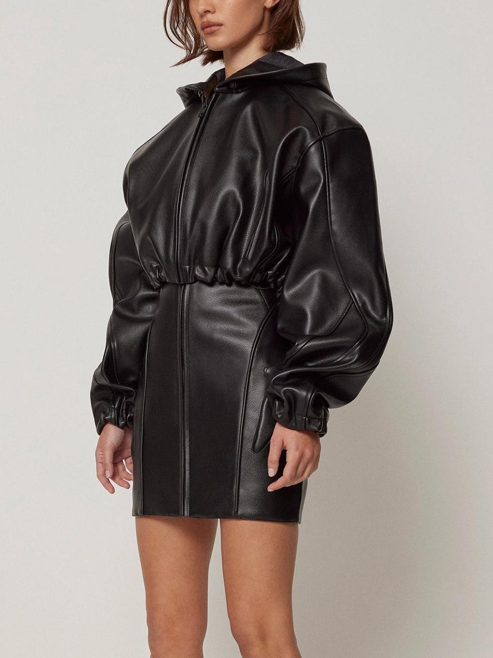 Faux Leather Cropped Hooded Jacket