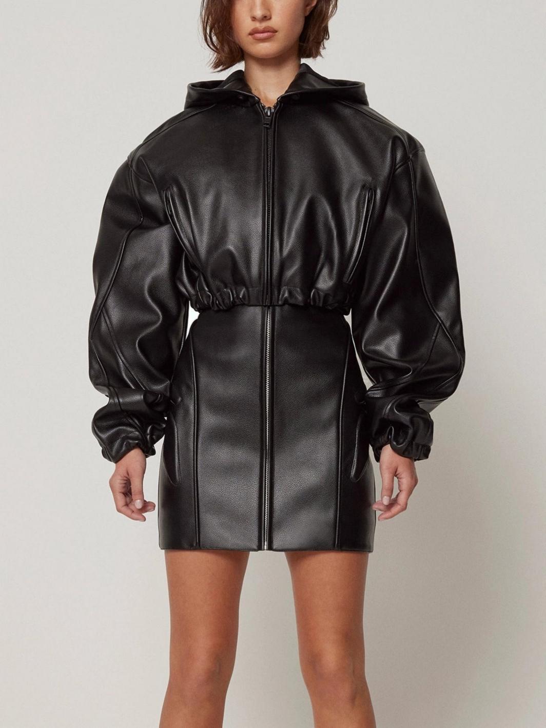Faux Leather Cropped Hooded Jacket