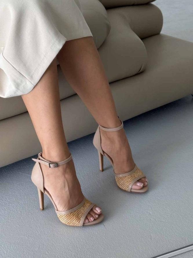 Slim Heel 10cm Woven Beige High Heel Shoes