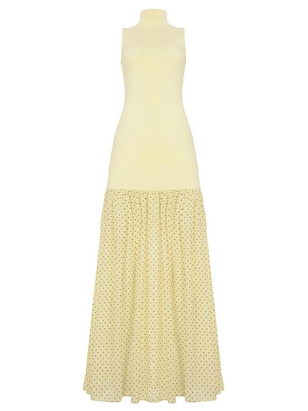 Chic High - Neck Sleeveless Dress with Polka - Dot Pleated Skirt