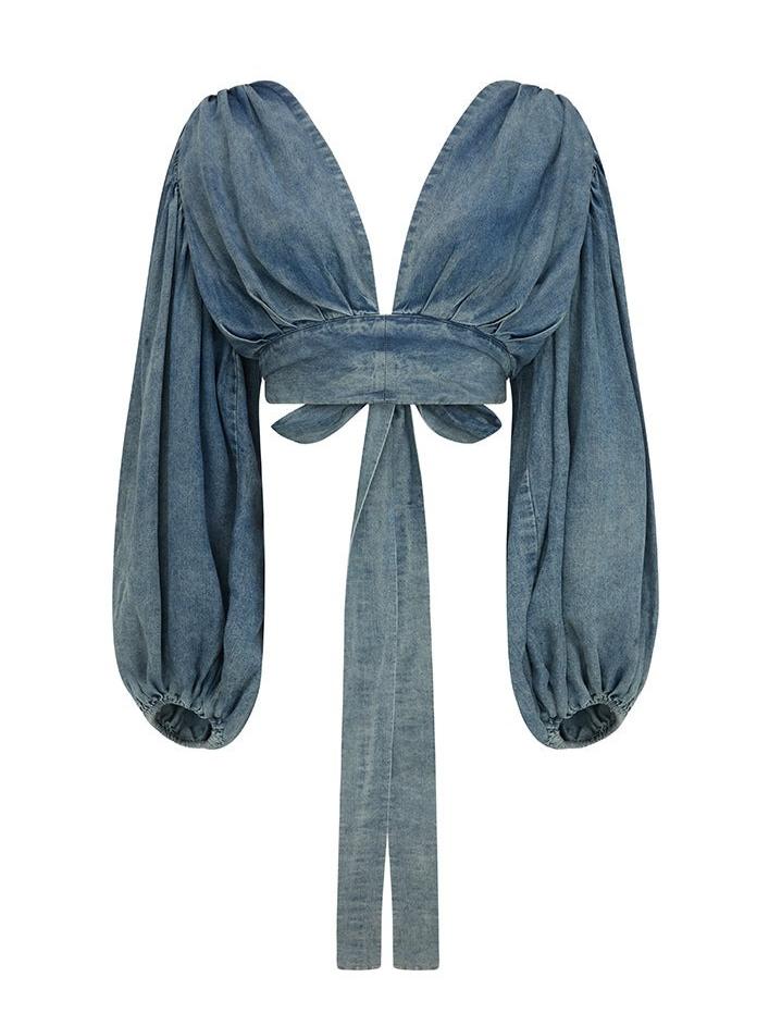 Stylish Denim Two - Piece Set with Puffed Sleeves and Ruffled Skirt