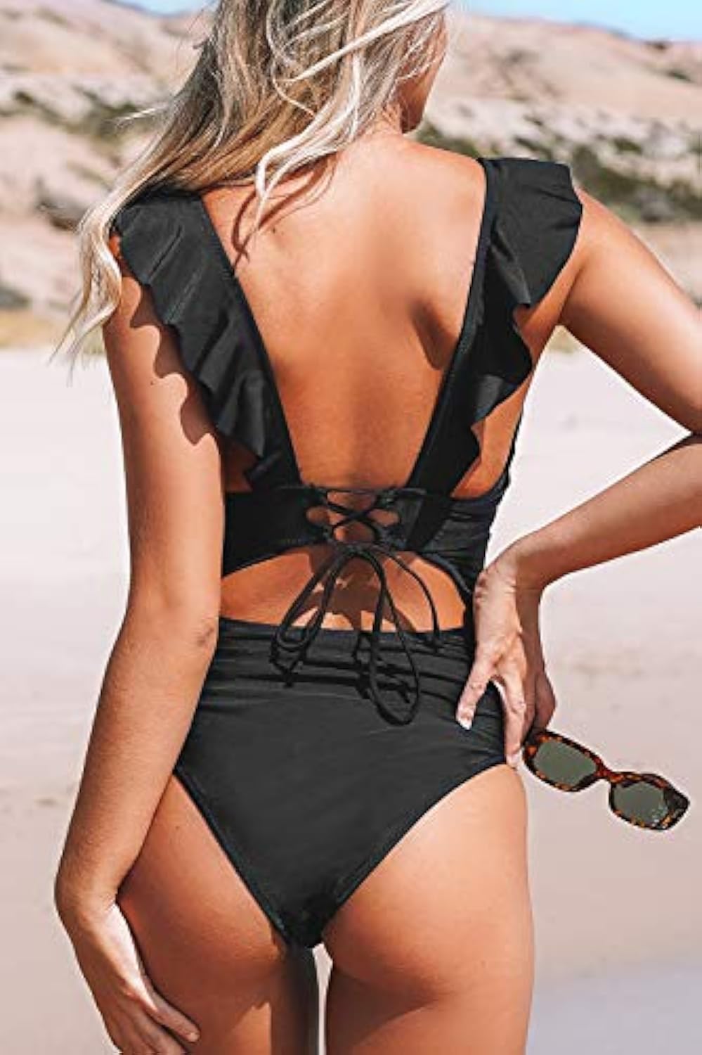 Ruffled One Piece Swimsuit V Neck Lace Up
