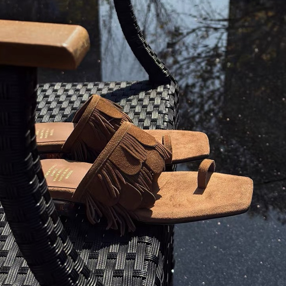 Suede Fringed Square-Head Slippers