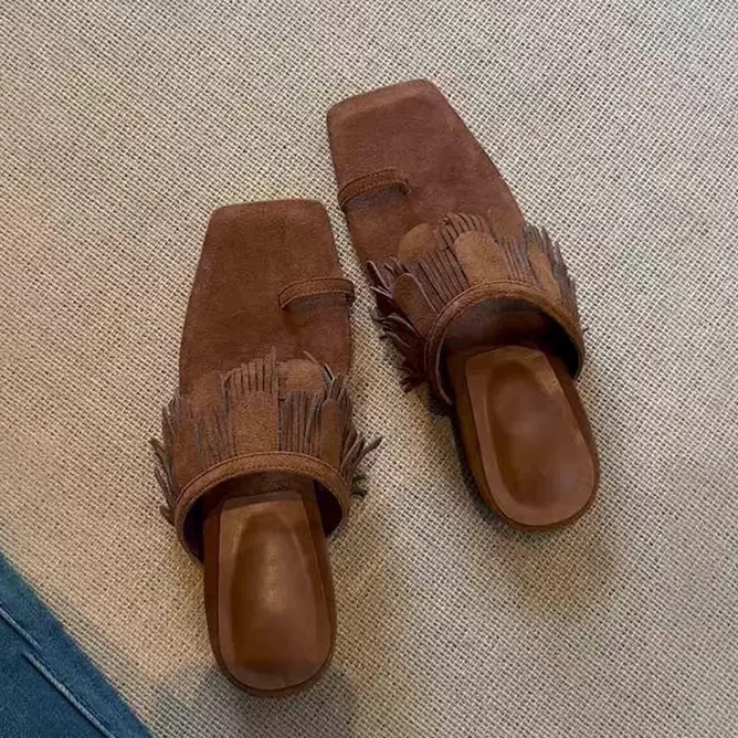 Suede Fringed Square-Head Slippers