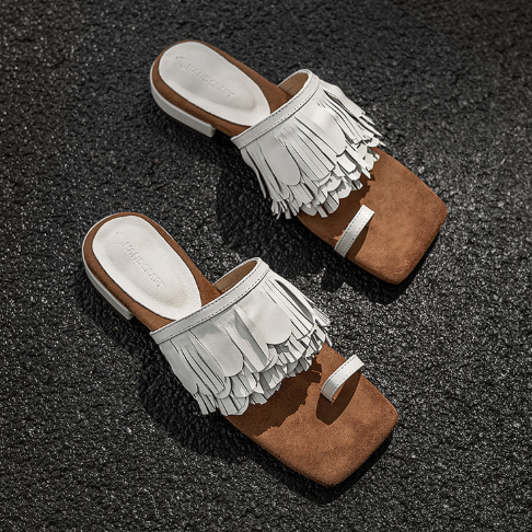 Suede Fringed Square-Head Slippers