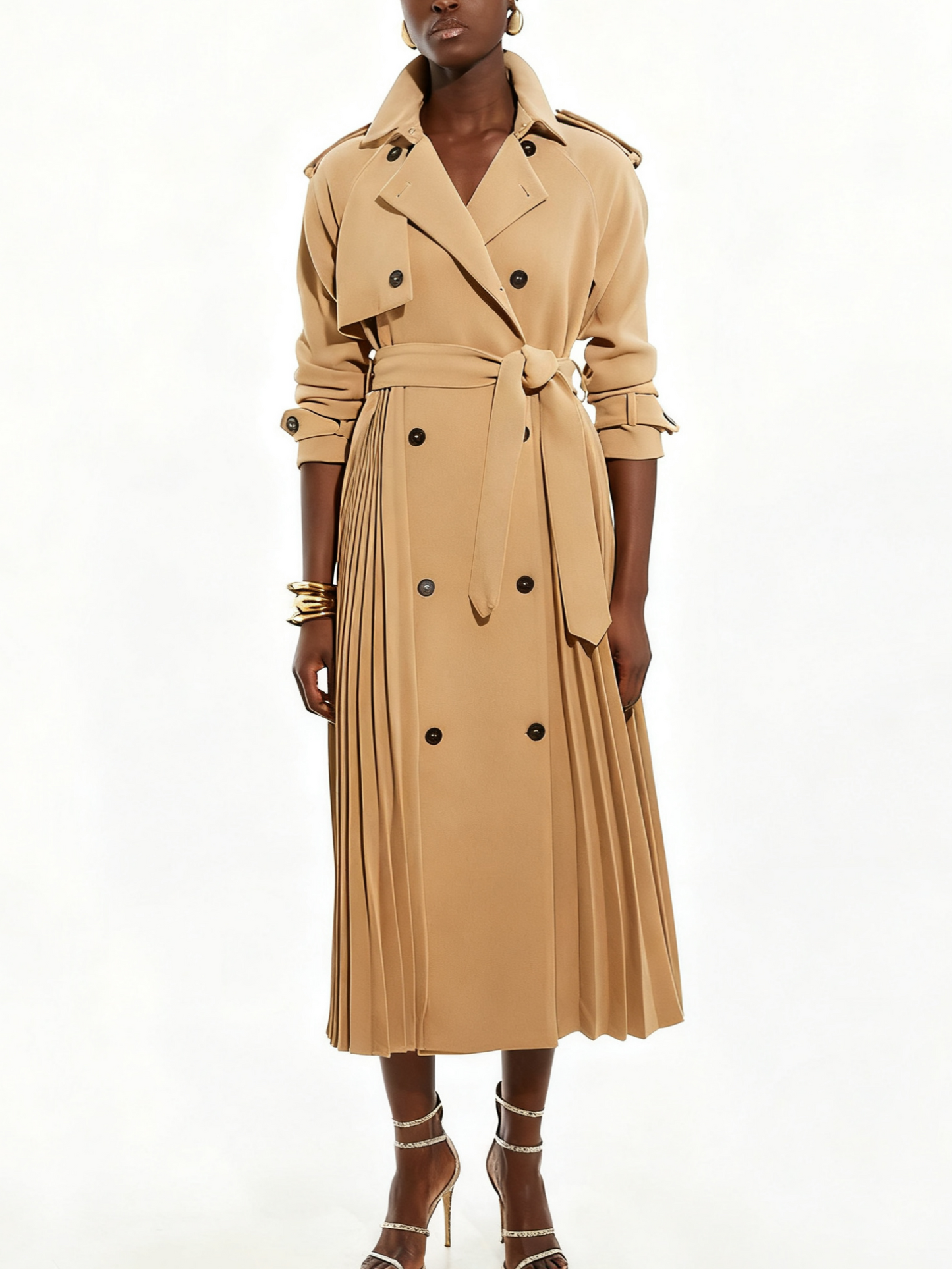 Pleat Detail Belted Trench Coat