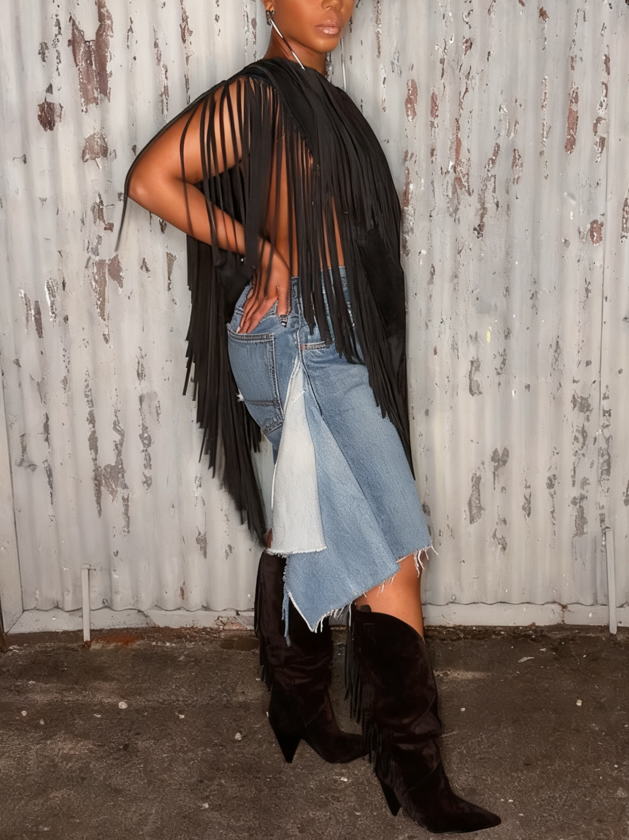 Black Fringe Detail V - Neck Top