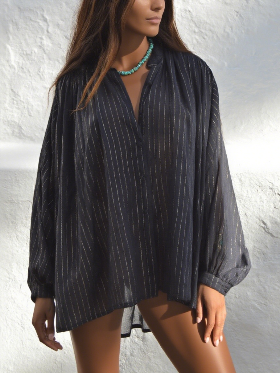 Elegant Black & Gold Striped V - Neck Blouse