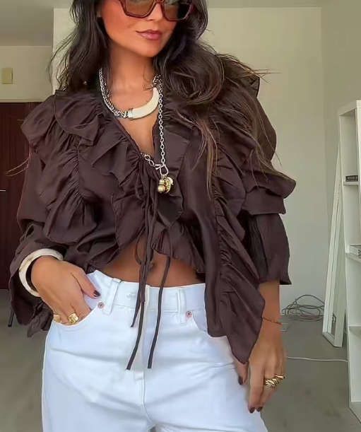 V-Neck Loose Ruffle Shirt