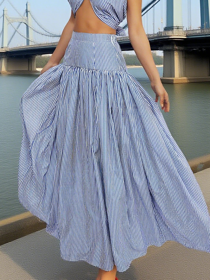 Chic Blue and White Striped Maxi Skirt