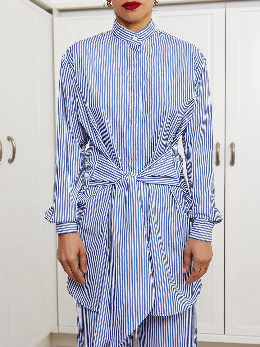 Stylish Blue Striped Button - Down Shirt with Tie