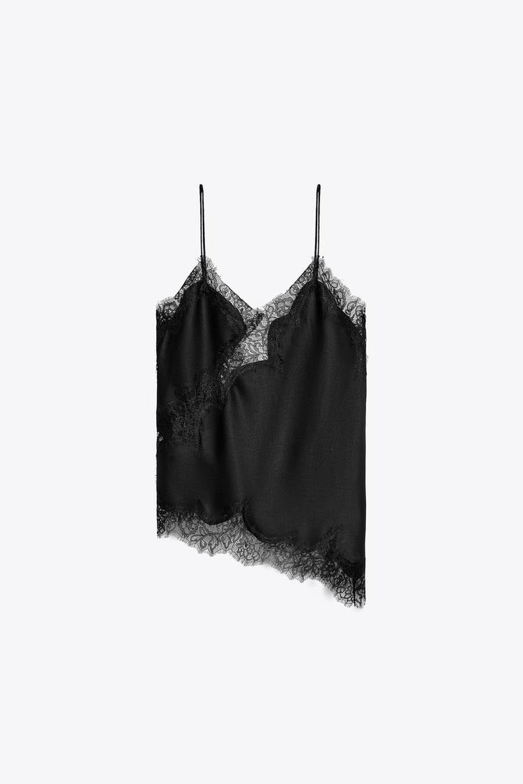 Black Lace Asymmetrical Hem Camisole – Sexy Strappy Top