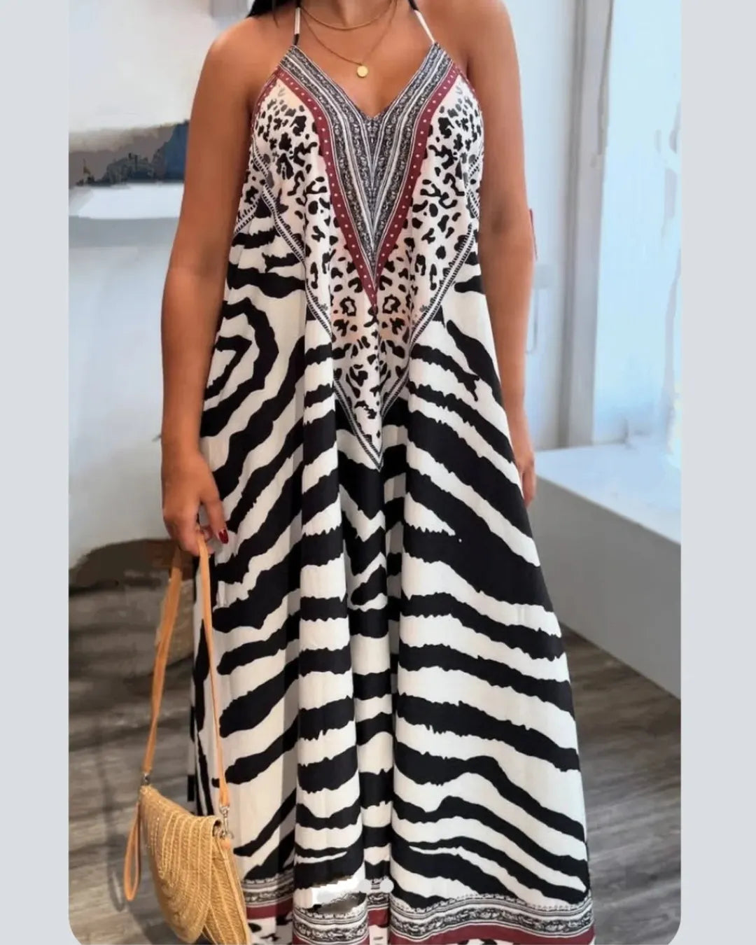 Stylish Zebra Print Striped Maxi Dress