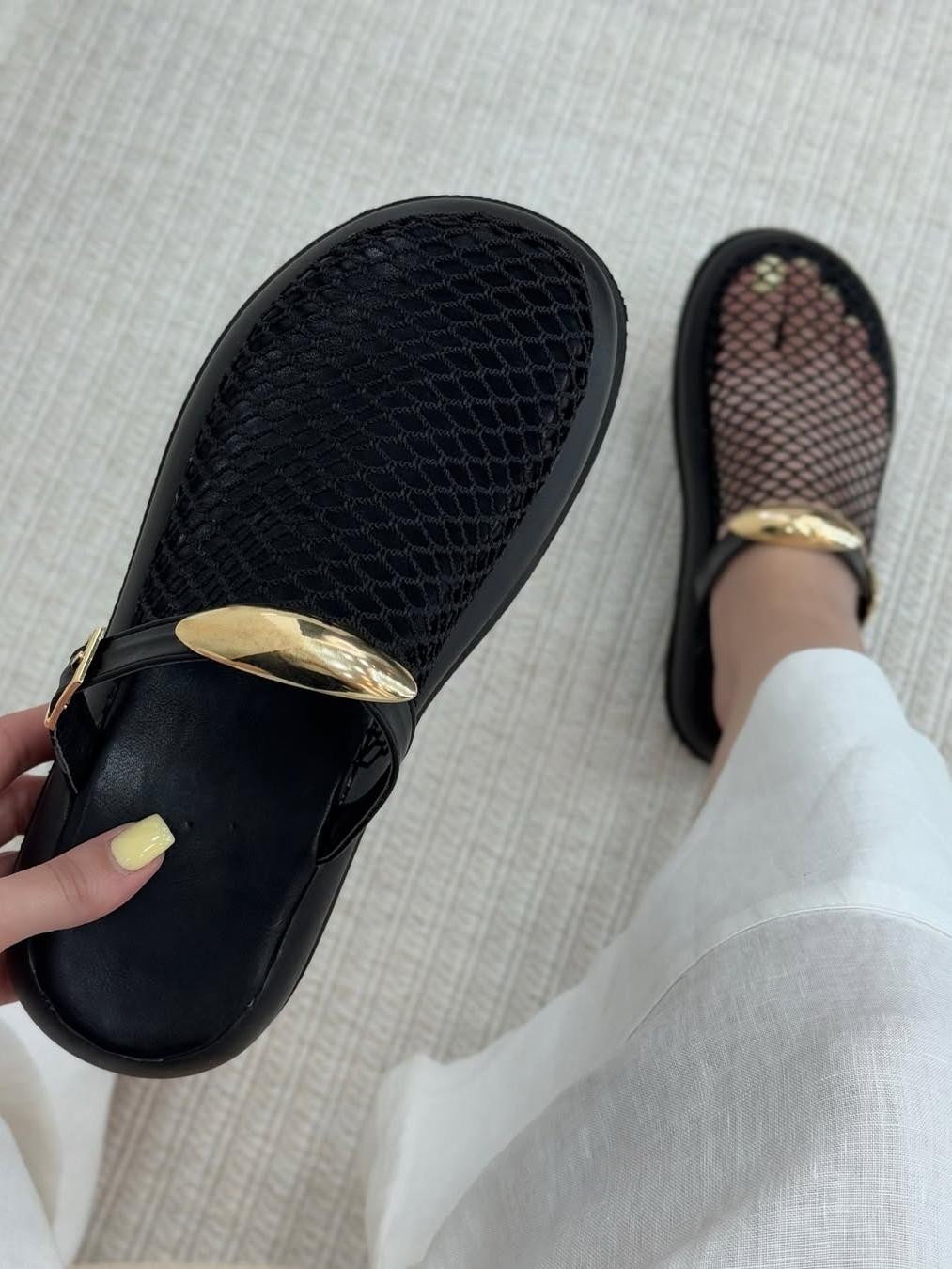 Woven Mesh Cutout Metal Trim Flat Sandals