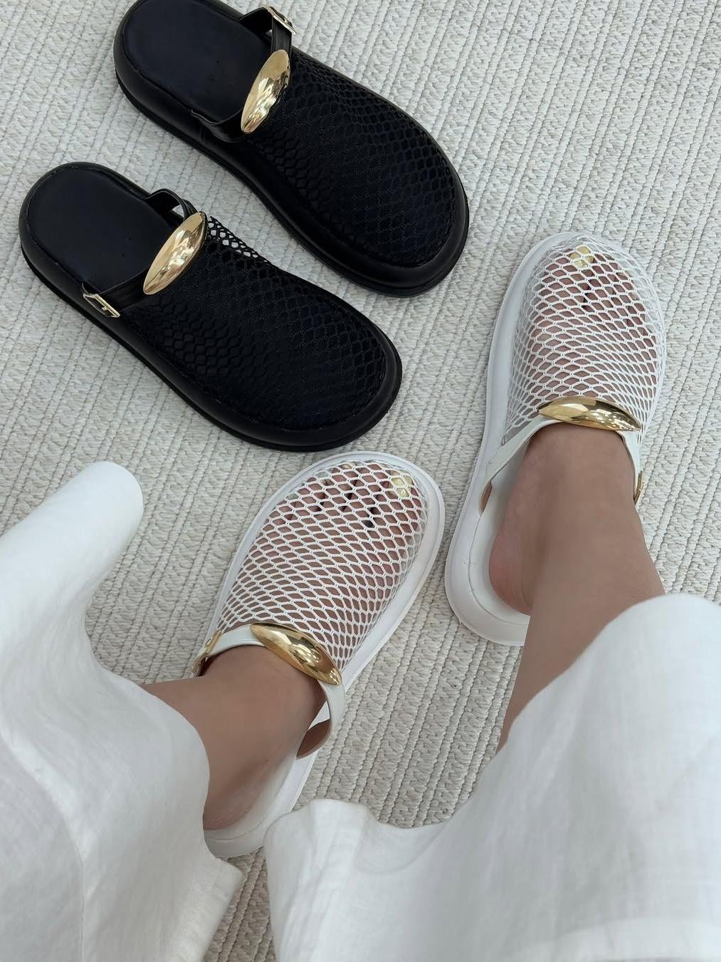 Woven Mesh Cutout Metal Trim Flat Sandals
