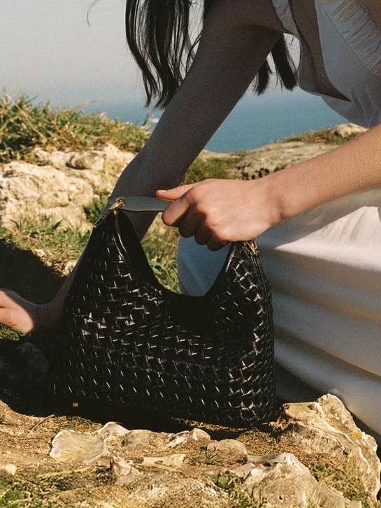 Mini Woven Leather Boomerang Bag