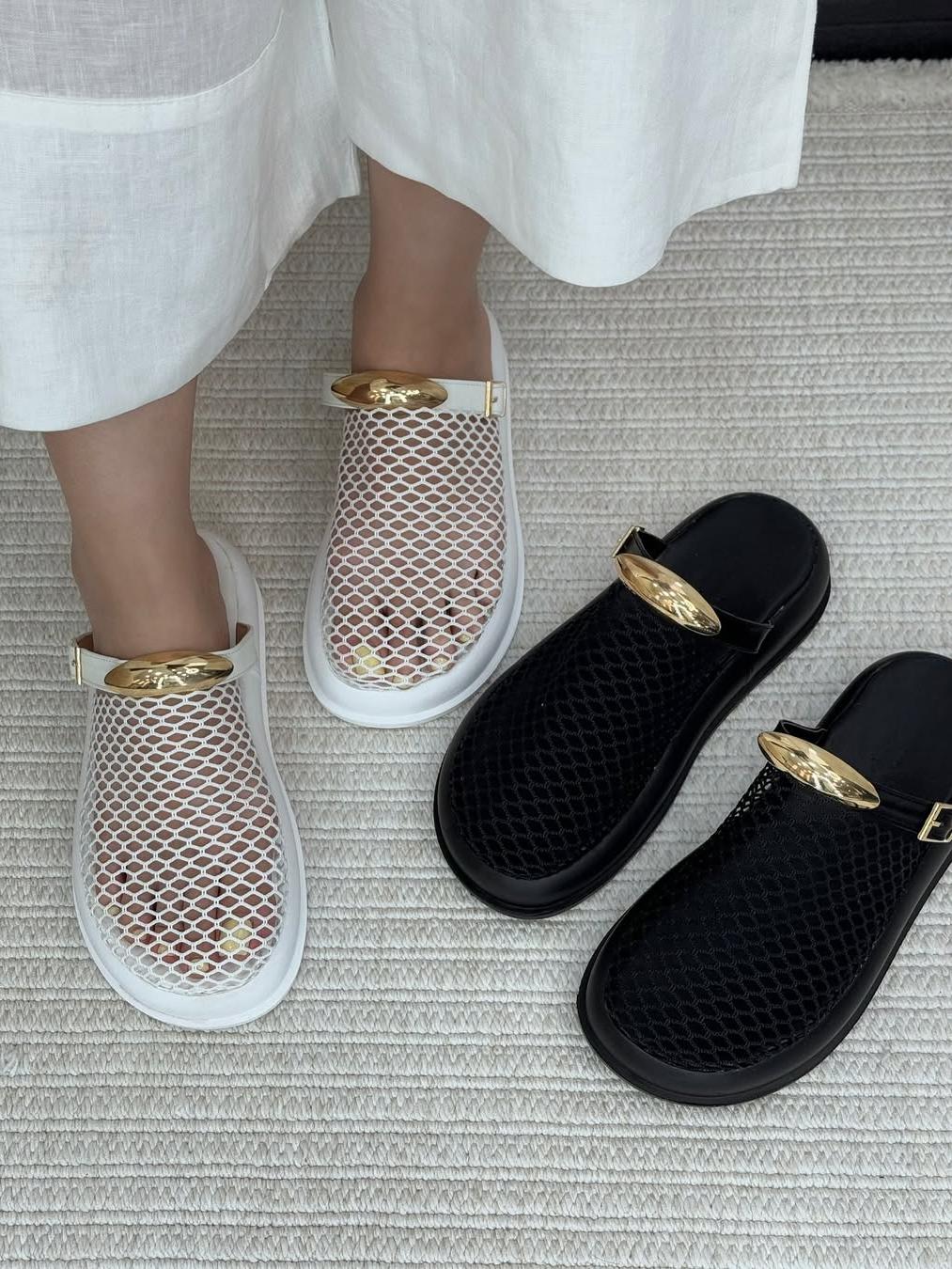 Woven Mesh Cutout Metal Trim Flat Sandals