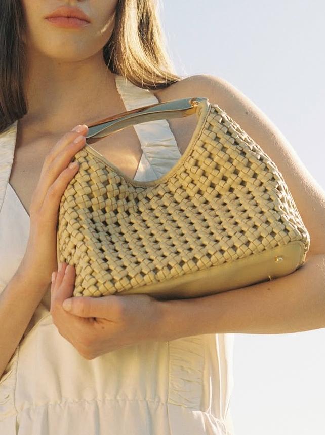 Mini Woven Leather Boomerang Bag