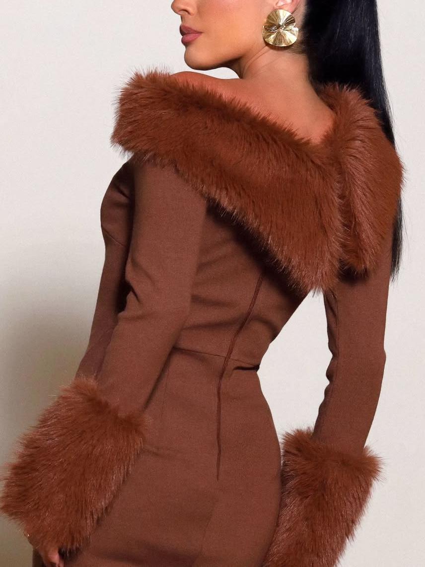 Fur Trim and a Seductive Side Slit Elegant Brown Off - Shoulder Gown