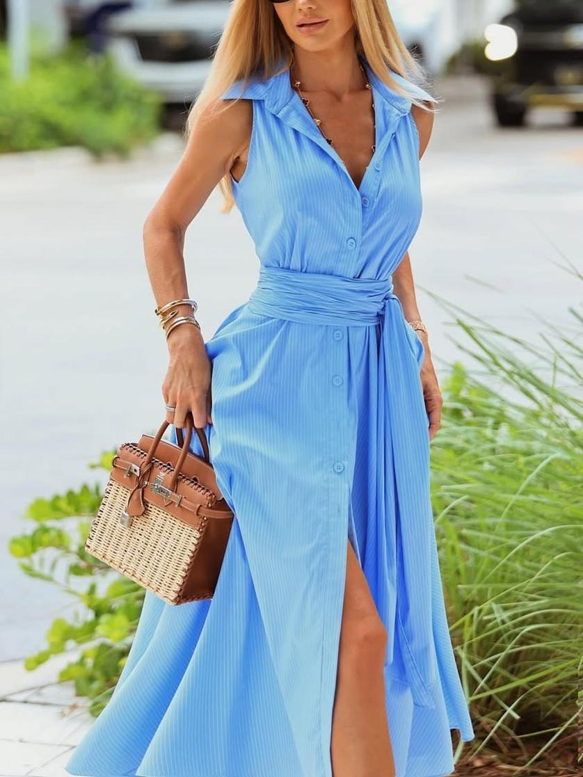 Elegant Shirt-Collar Sleeveless Midi Dress with Self-Tie Waist