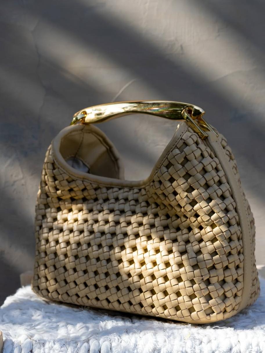 Mini Woven Leather Boomerang Bag