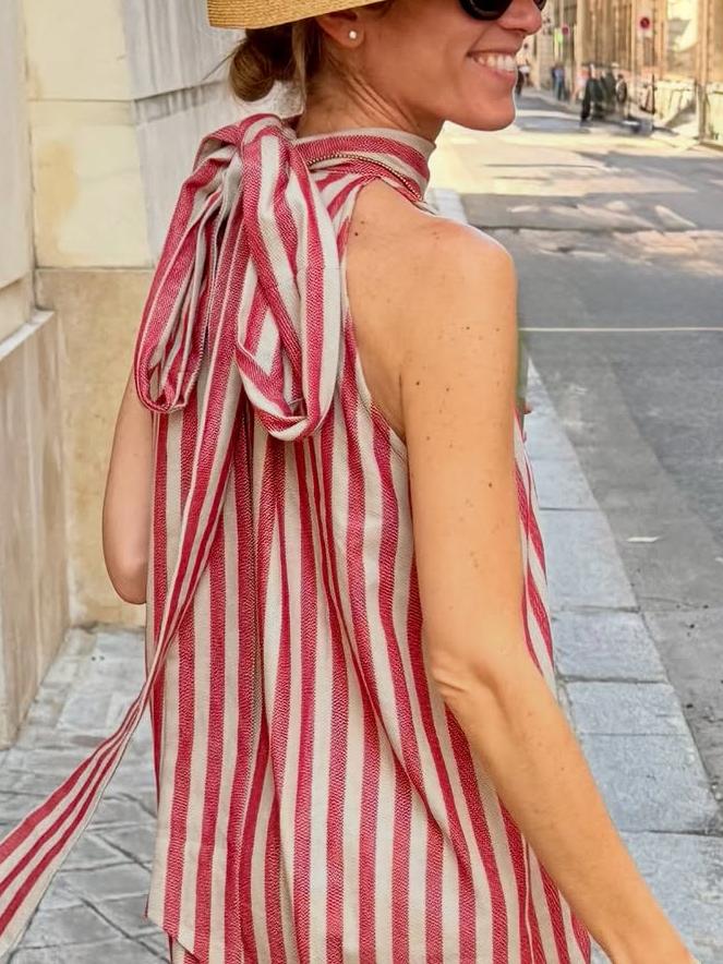 Elegant Halter - Neck Striped Maxi Dress