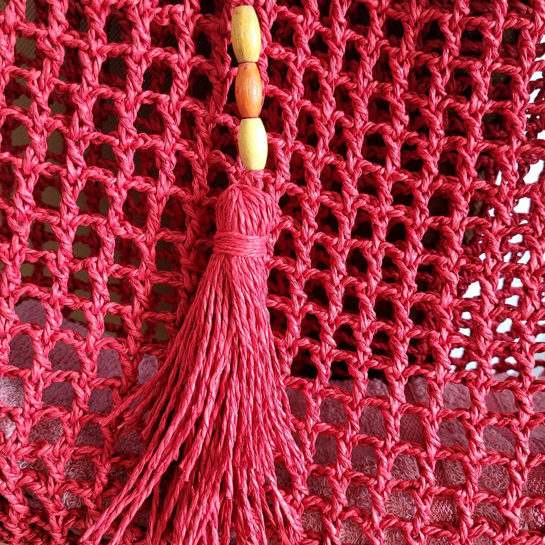 Stylish Beaded Tassel Red Crochet Tote Bag
