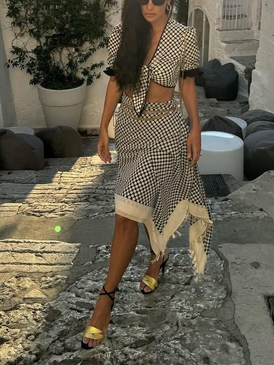 Stylish Polka - Dot Two - Piece Dress Set with Crop Top and Midi Skirt