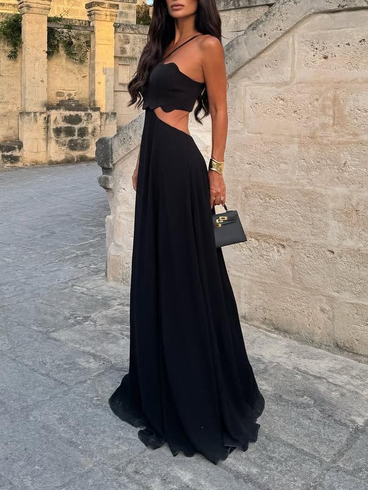 Elegant Black Strapless Maxi Dress with Cut - Out Design