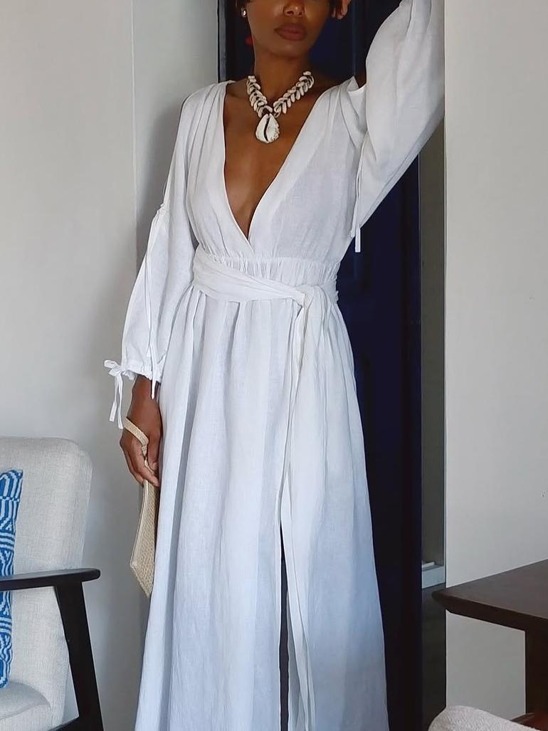 Detachable Belt Graceful V - Neck Maxi Dress