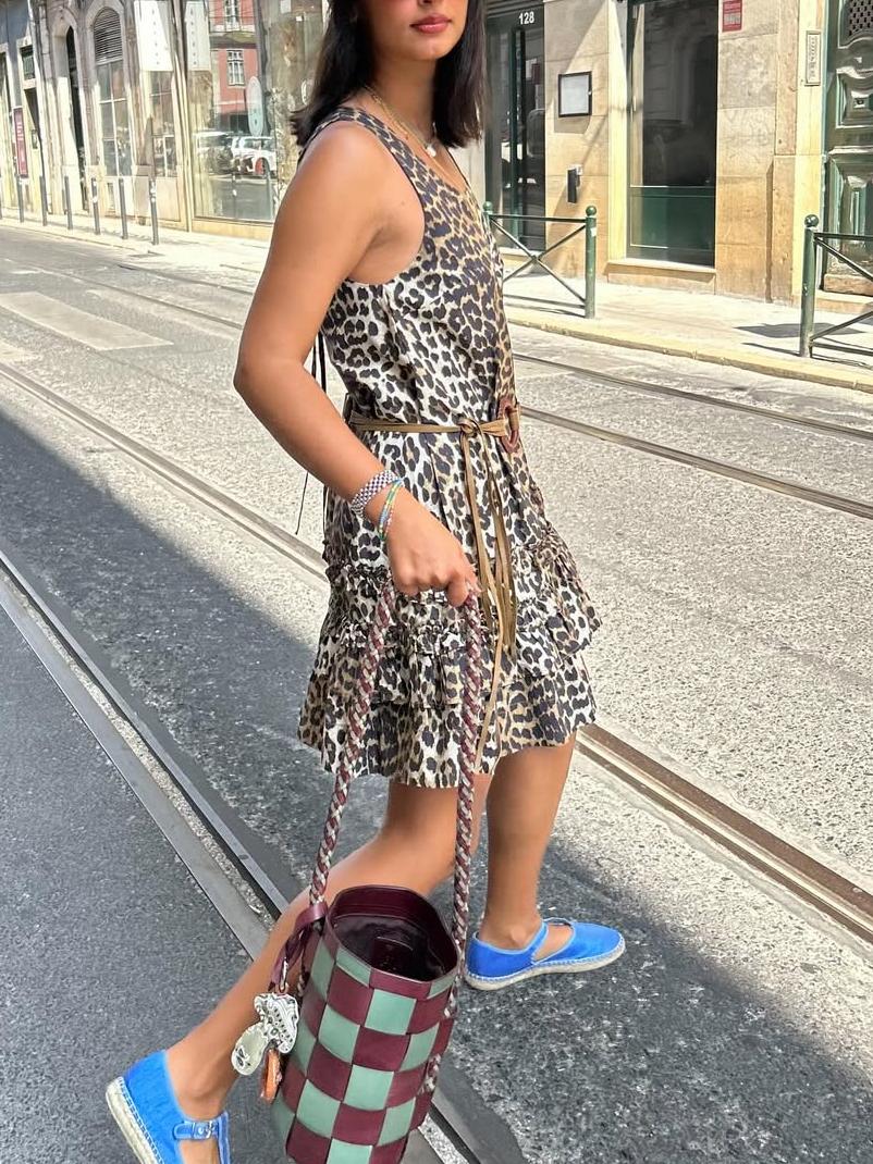 Stylish Leopard - Print Ruffle Hem Mini Dress