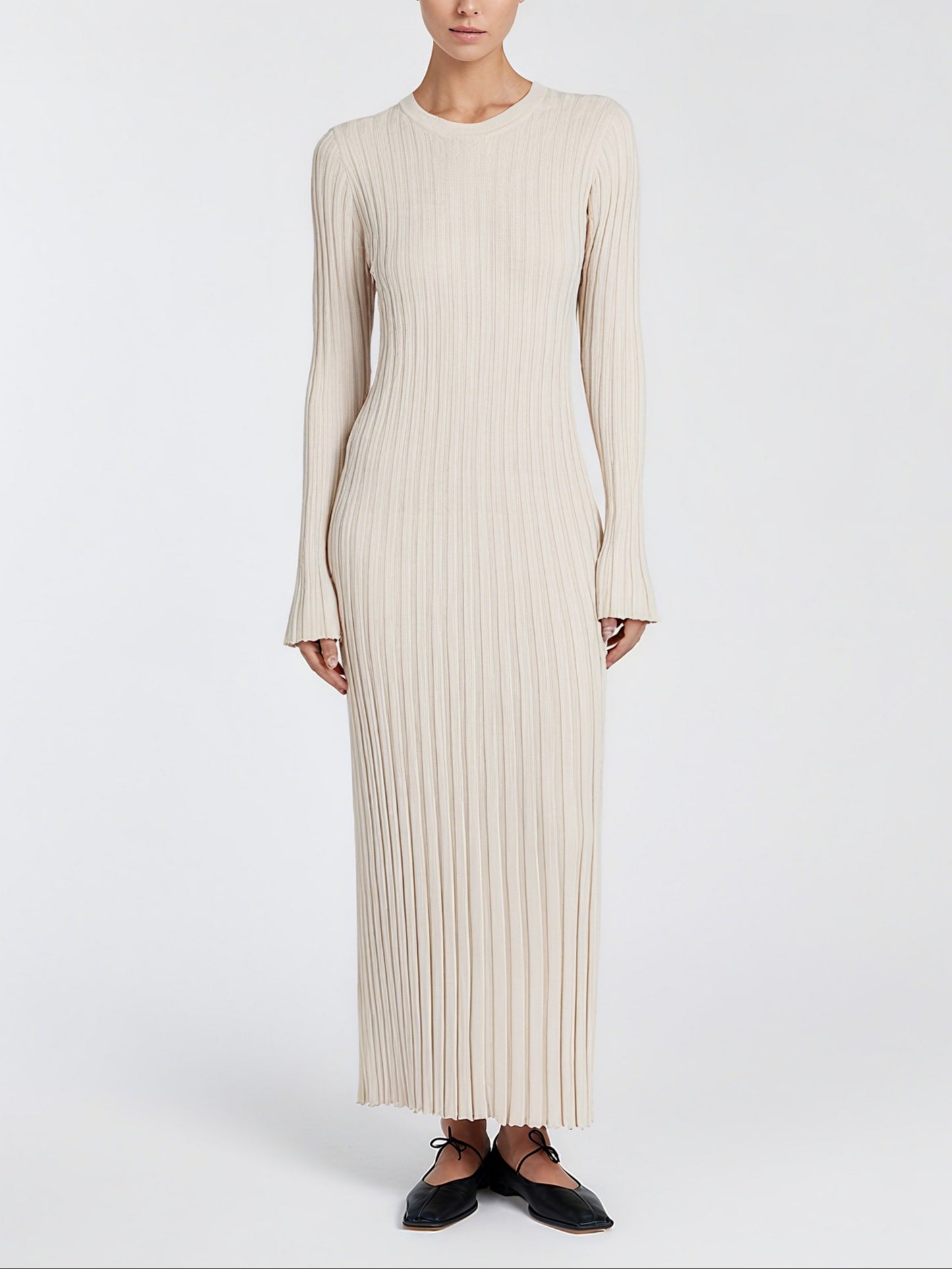 Elegant Stone Sleeved Knit Maxi Dress